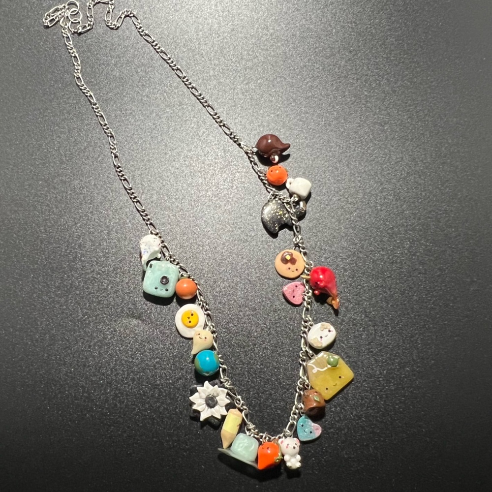 Handmade Charm Necklace 22 Charms Everyday Objects with Faces on Long Chain